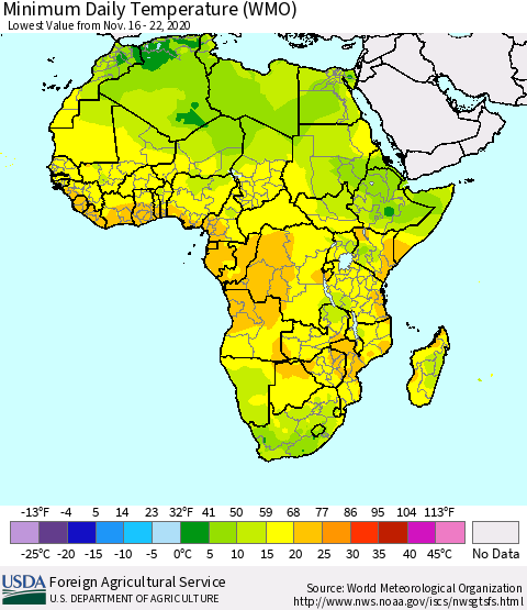 Africa Minimum Daily Temperature (WMO) Thematic Map For 11/16/2020 - 11/22/2020