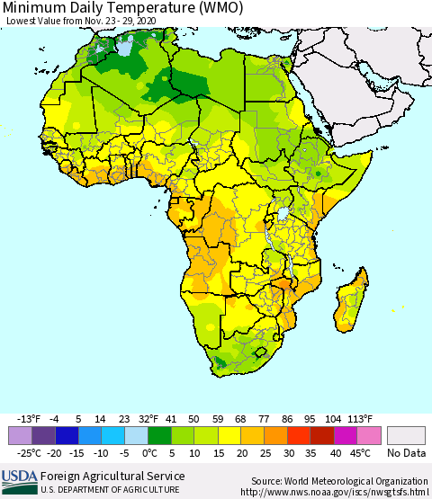 Africa Minimum Daily Temperature (WMO) Thematic Map For 11/23/2020 - 11/29/2020