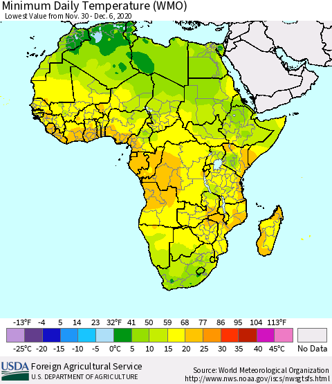 Africa Minimum Daily Temperature (WMO) Thematic Map For 11/30/2020 - 12/6/2020