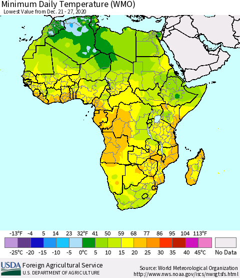 Africa Minimum Daily Temperature (WMO) Thematic Map For 12/21/2020 - 12/27/2020