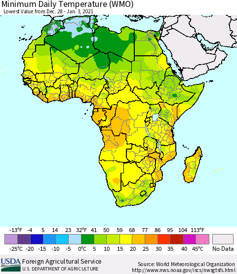 Africa Minimum Daily Temperature (WMO) Thematic Map For 12/28/2020 - 1/3/2021