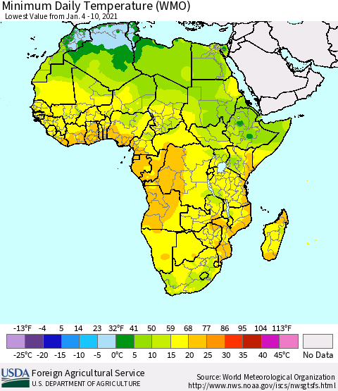 Africa Minimum Daily Temperature (WMO) Thematic Map For 1/4/2021 - 1/10/2021