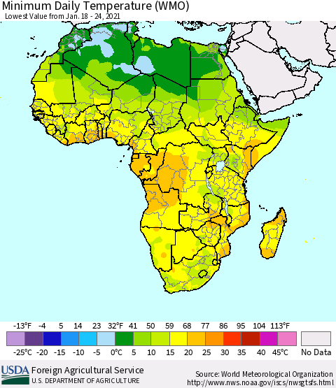 Africa Minimum Daily Temperature (WMO) Thematic Map For 1/18/2021 - 1/24/2021
