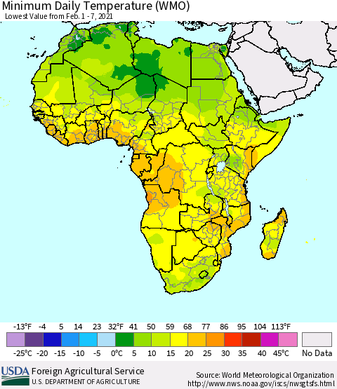 Africa Minimum Daily Temperature (WMO) Thematic Map For 2/1/2021 - 2/7/2021