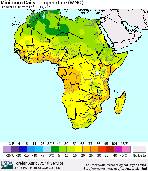 Africa Minimum Daily Temperature (WMO) Thematic Map For 2/8/2021 - 2/14/2021