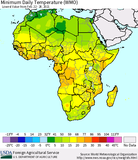 Africa Minimum Daily Temperature (WMO) Thematic Map For 2/22/2021 - 2/28/2021