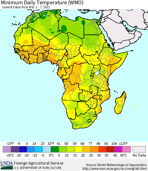 Africa Minimum Daily Temperature (WMO) Thematic Map For 3/1/2021 - 3/7/2021
