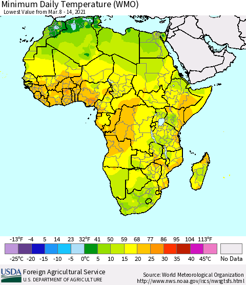 Africa Minimum Daily Temperature (WMO) Thematic Map For 3/8/2021 - 3/14/2021