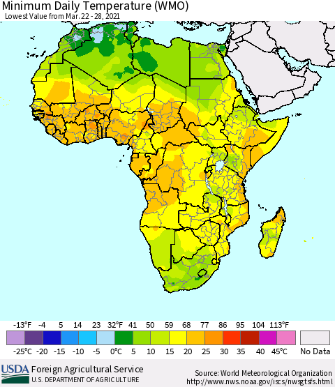 Africa Minimum Daily Temperature (WMO) Thematic Map For 3/22/2021 - 3/28/2021
