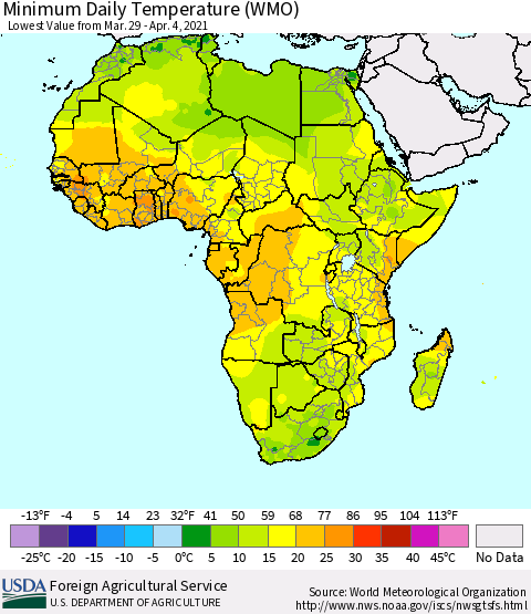 Africa Minimum Daily Temperature (WMO) Thematic Map For 3/29/2021 - 4/4/2021