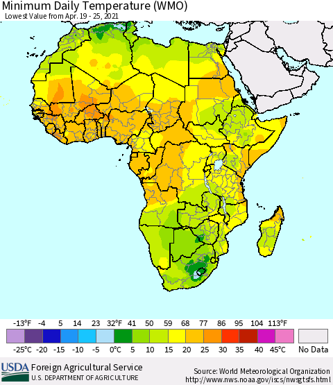 Africa Minimum Daily Temperature (WMO) Thematic Map For 4/19/2021 - 4/25/2021