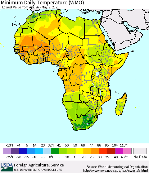 Africa Minimum Daily Temperature (WMO) Thematic Map For 4/26/2021 - 5/2/2021