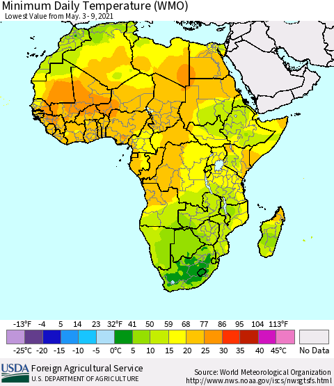 Africa Minimum Daily Temperature (WMO) Thematic Map For 5/3/2021 - 5/9/2021