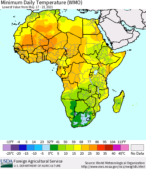 Africa Minimum Daily Temperature (WMO) Thematic Map For 5/17/2021 - 5/23/2021