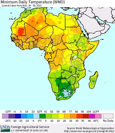 Africa Minimum Daily Temperature (WMO) Thematic Map For 5/24/2021 - 5/30/2021