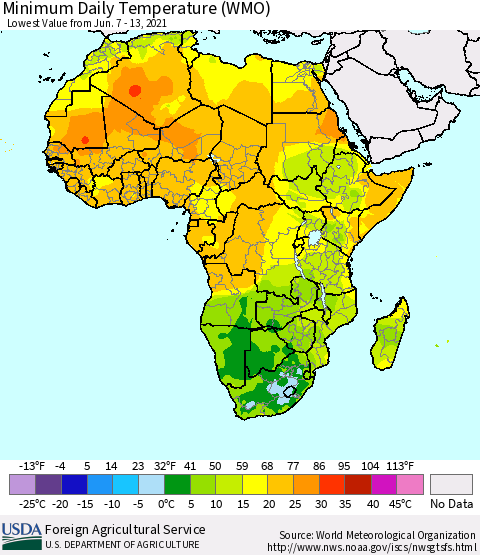 Africa Minimum Daily Temperature (WMO) Thematic Map For 6/7/2021 - 6/13/2021