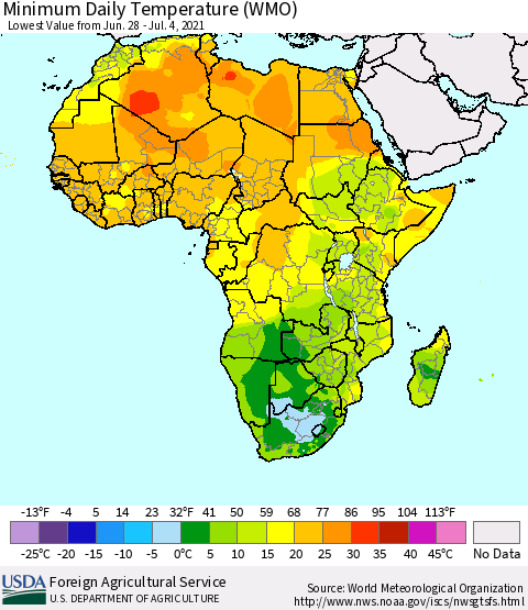 Africa Minimum Daily Temperature (WMO) Thematic Map For 6/28/2021 - 7/4/2021