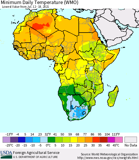 Africa Minimum Daily Temperature (WMO) Thematic Map For 7/12/2021 - 7/18/2021