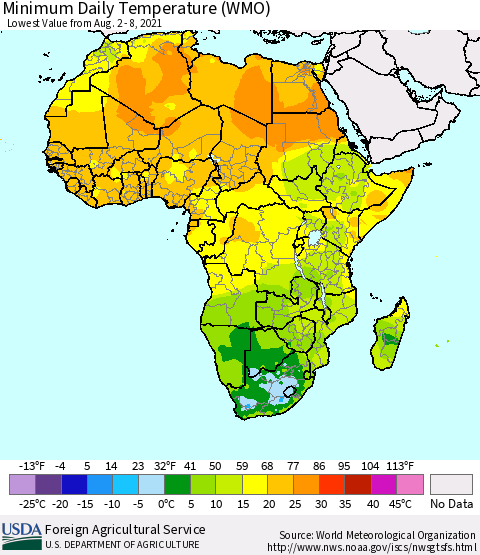 Africa Minimum Daily Temperature (WMO) Thematic Map For 8/2/2021 - 8/8/2021