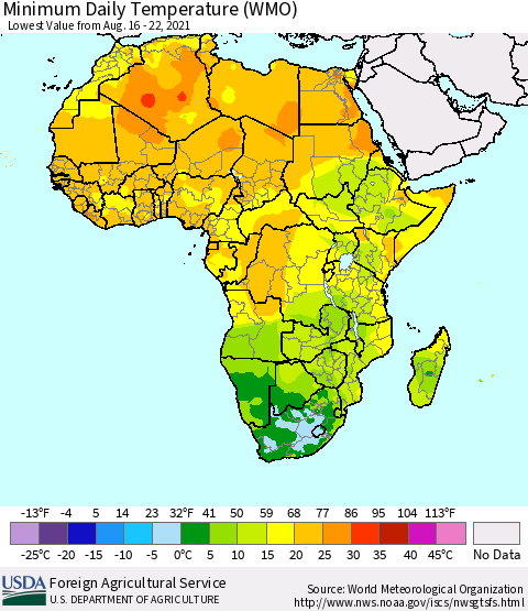Africa Minimum Daily Temperature (WMO) Thematic Map For 8/16/2021 - 8/22/2021