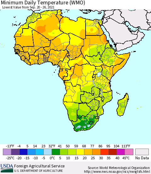 Africa Minimum Daily Temperature (WMO) Thematic Map For 9/20/2021 - 9/26/2021