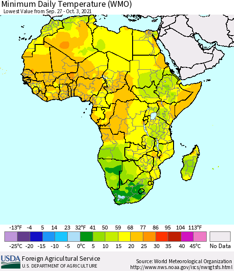 Africa Minimum Daily Temperature (WMO) Thematic Map For 9/27/2021 - 10/3/2021