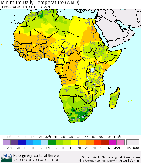 Africa Minimum Daily Temperature (WMO) Thematic Map For 10/11/2021 - 10/17/2021