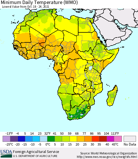 Africa Minimum Daily Temperature (WMO) Thematic Map For 10/18/2021 - 10/24/2021