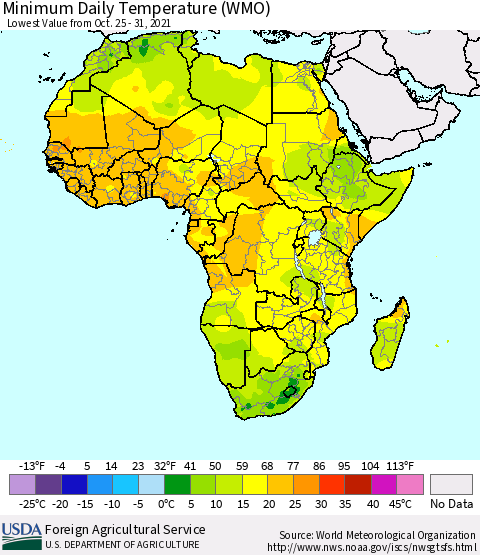 Africa Minimum Daily Temperature (WMO) Thematic Map For 10/25/2021 - 10/31/2021