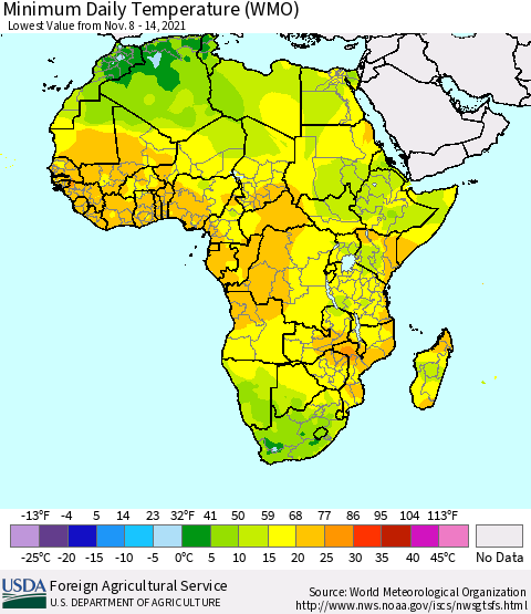 Africa Minimum Daily Temperature (WMO) Thematic Map For 11/8/2021 - 11/14/2021