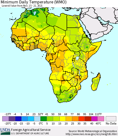Africa Minimum Daily Temperature (WMO) Thematic Map For 11/15/2021 - 11/21/2021