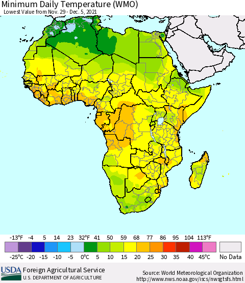 Africa Minimum Daily Temperature (WMO) Thematic Map For 11/29/2021 - 12/5/2021