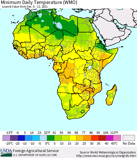 Africa Minimum Daily Temperature (WMO) Thematic Map For 12/6/2021 - 12/12/2021