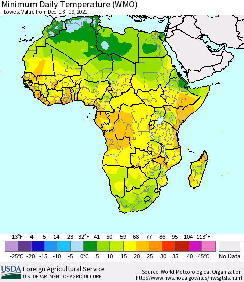 Africa Minimum Daily Temperature (WMO) Thematic Map For 12/13/2021 - 12/19/2021