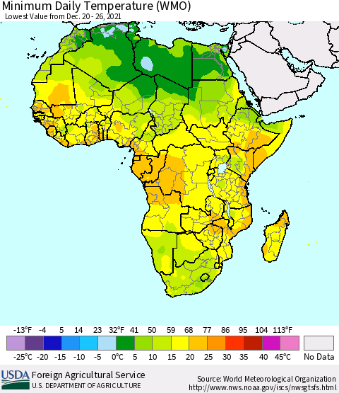 Africa Minimum Daily Temperature (WMO) Thematic Map For 12/20/2021 - 12/26/2021
