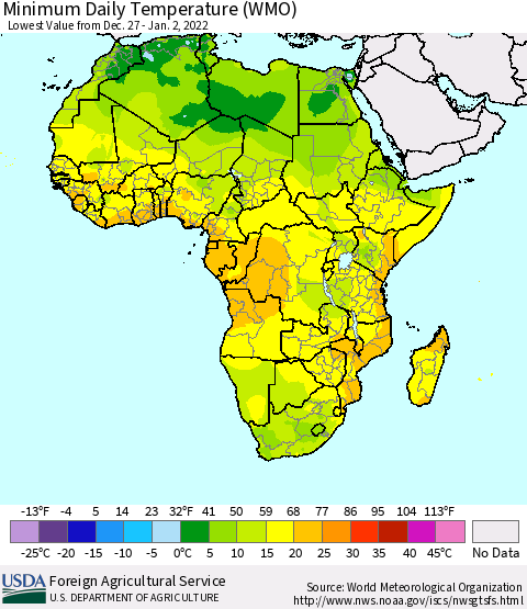 Africa Minimum Daily Temperature (WMO) Thematic Map For 12/27/2021 - 1/2/2022