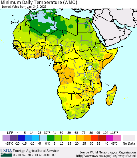 Africa Minimum Daily Temperature (WMO) Thematic Map For 1/3/2022 - 1/9/2022