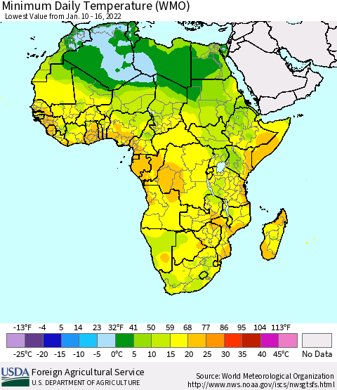 Africa Minimum Daily Temperature (WMO) Thematic Map For 1/10/2022 - 1/16/2022