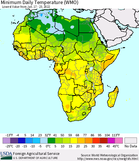 Africa Minimum Daily Temperature (WMO) Thematic Map For 1/17/2022 - 1/23/2022
