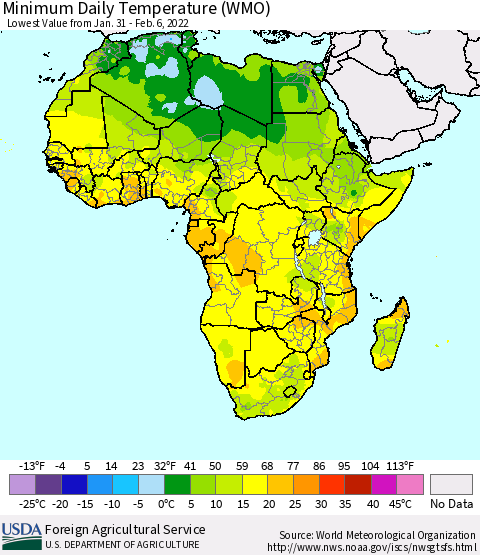 Africa Minimum Daily Temperature (WMO) Thematic Map For 1/31/2022 - 2/6/2022
