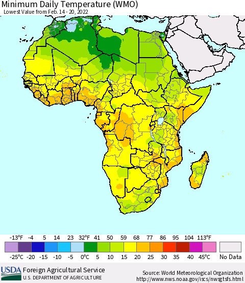 Africa Minimum Daily Temperature (WMO) Thematic Map For 2/14/2022 - 2/20/2022