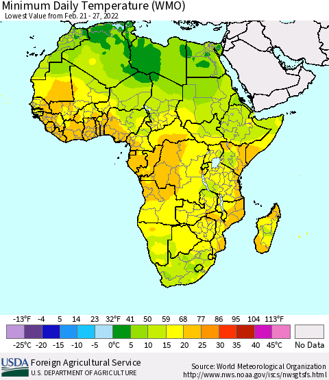 Africa Minimum Daily Temperature (WMO) Thematic Map For 2/21/2022 - 2/27/2022