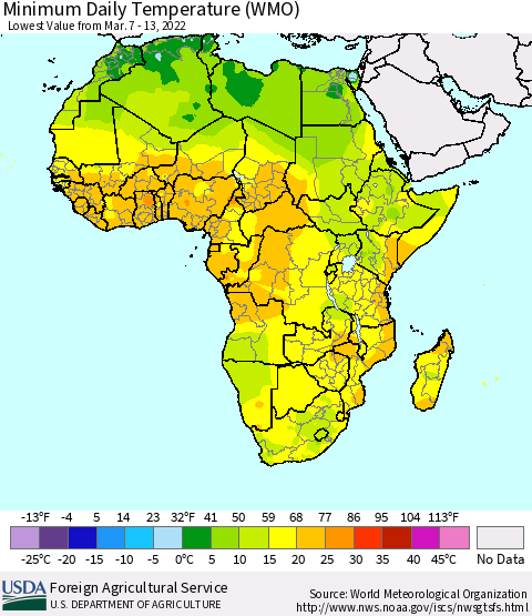 Africa Minimum Daily Temperature (WMO) Thematic Map For 3/7/2022 - 3/13/2022