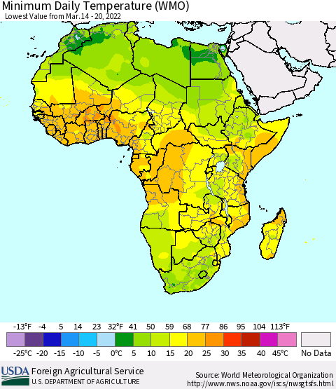 Africa Minimum Daily Temperature (WMO) Thematic Map For 3/14/2022 - 3/20/2022