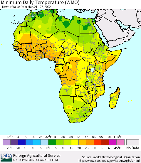 Africa Minimum Daily Temperature (WMO) Thematic Map For 3/21/2022 - 3/27/2022