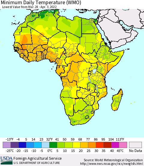 Africa Minimum Daily Temperature (WMO) Thematic Map For 3/28/2022 - 4/3/2022