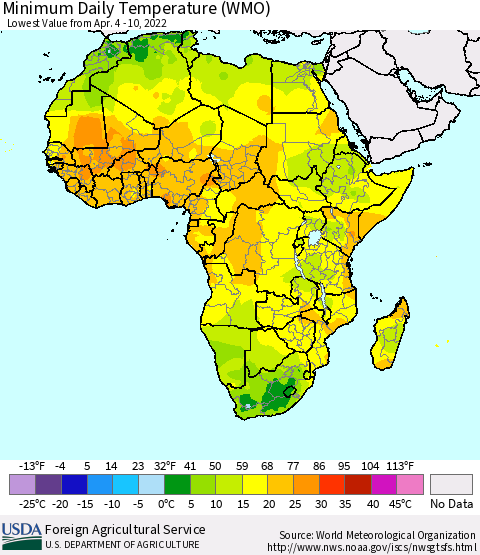 Africa Minimum Daily Temperature (WMO) Thematic Map For 4/4/2022 - 4/10/2022