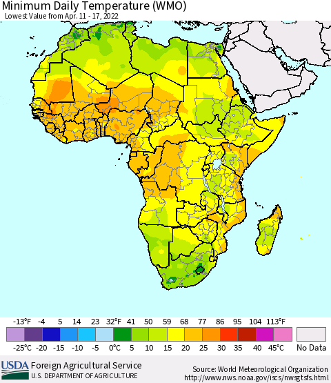 Africa Minimum Daily Temperature (WMO) Thematic Map For 4/11/2022 - 4/17/2022