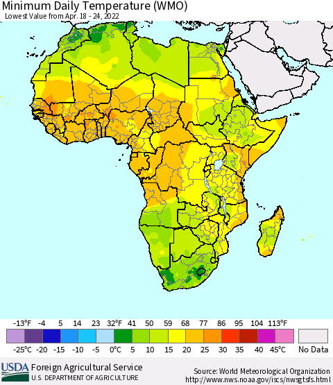 Africa Minimum Daily Temperature (WMO) Thematic Map For 4/18/2022 - 4/24/2022