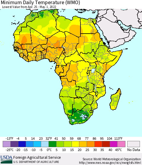 Africa Minimum Daily Temperature (WMO) Thematic Map For 4/25/2022 - 5/1/2022